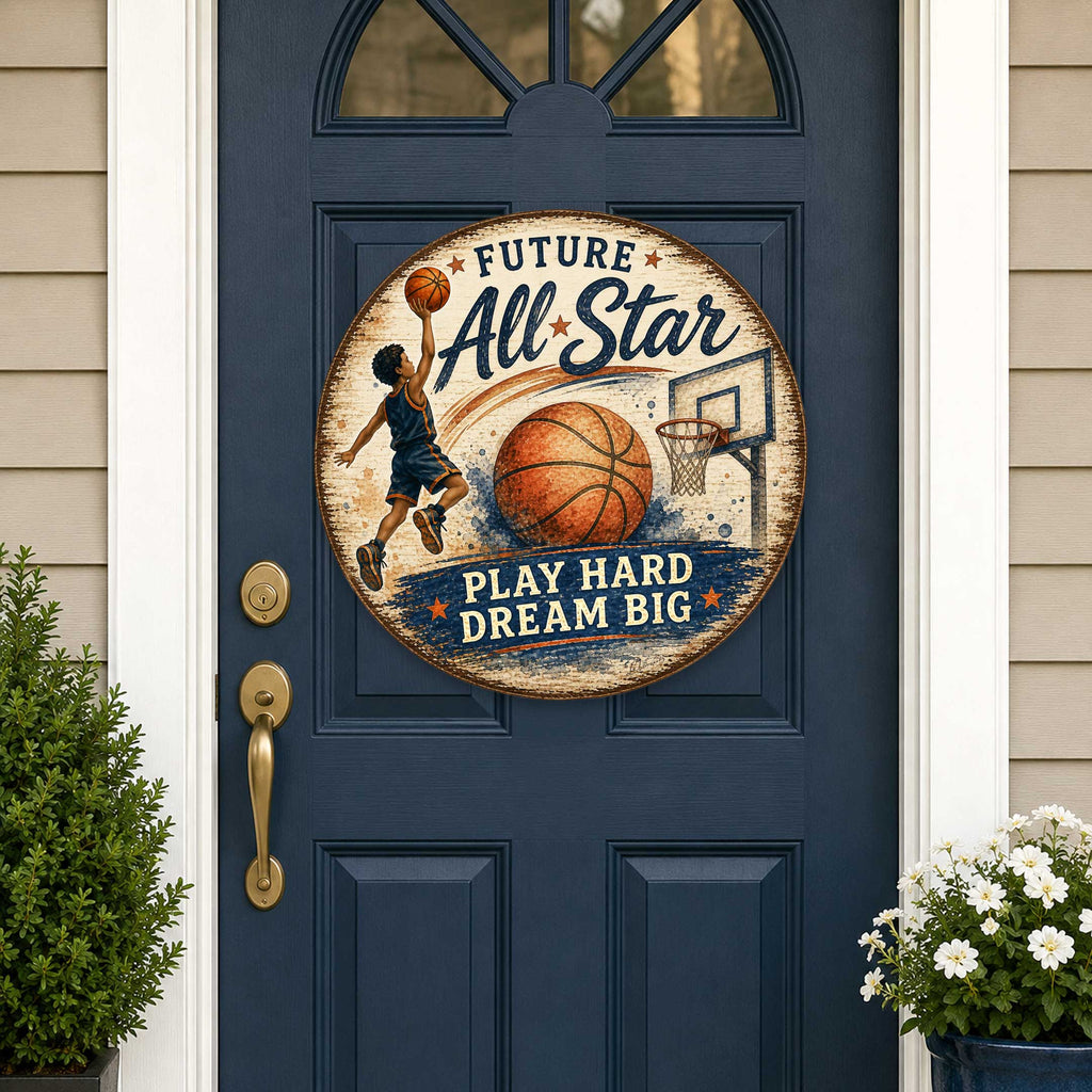 Future All-Star Basketball Wall Decor – Rustic Basketball Sports Sign – 19x19 Round Wall Art by G.Debrekht - 8652885H