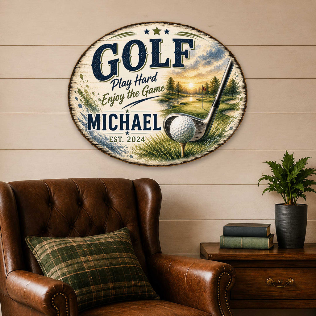 Personalized Golf Door Hanger – Custom Golf Name Sign – 22x18 Golf Wall Decor by G. Debrekht - 8652888H