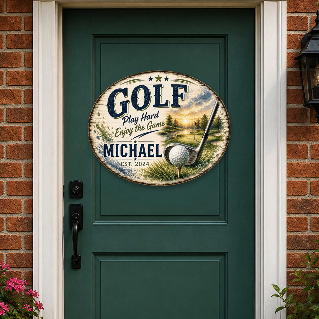 Personalized Golf Door Hanger – Custom Golf Name Sign – 22x18 Golf Wall Decor by G. Debrekht - 8652888H
