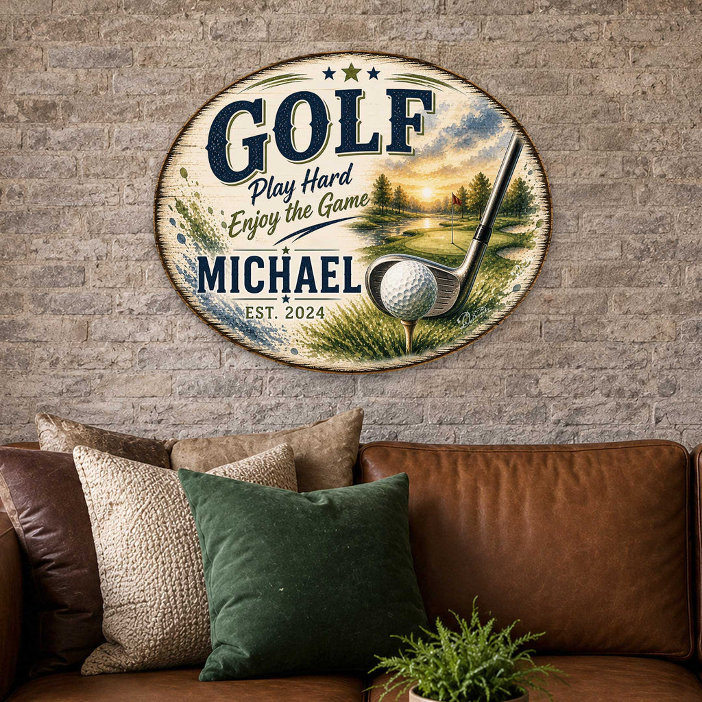 Personalized Golf Door Hanger – Custom Golf Name Sign – 22x18 Golf Wall Decor by G. Debrekht - 8652888H