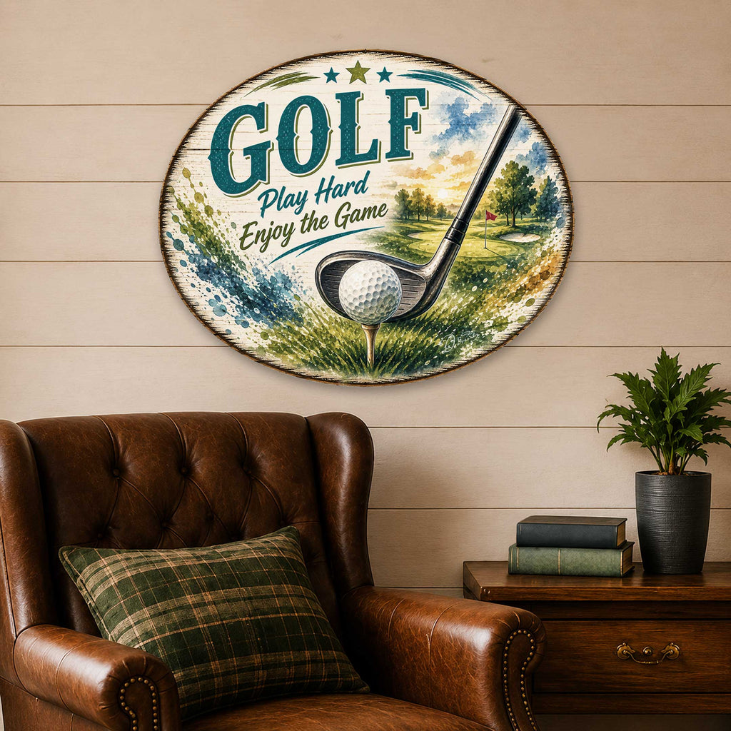 Golf Play Hard Enjoy the Game Door Hanger – Rustic Golf Wall Decor – 22x18 Sports Sign by G. Debrekht - 8652889H