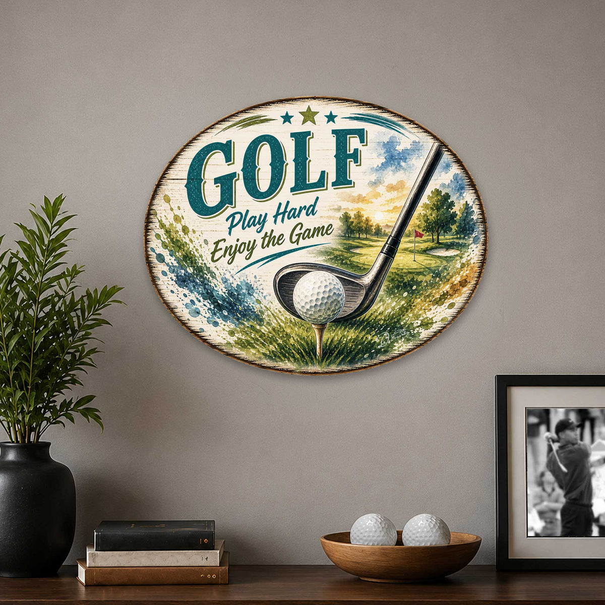 Golf Play Hard Enjoy the Game Door Hanger – Rustic Golf Wall Decor – 22x18 Sports Sign by G. Debrekht - 8652889H