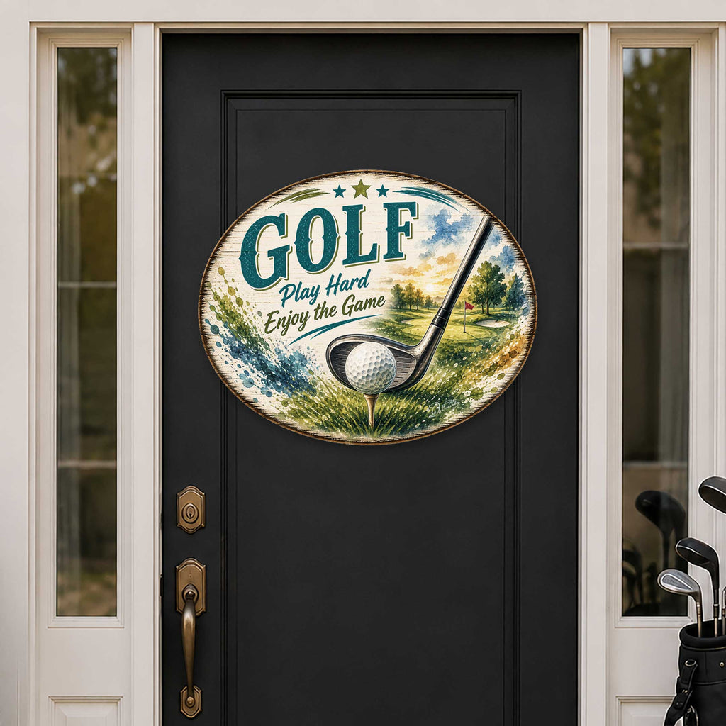 Golf Play Hard Enjoy the Game Door Hanger – Rustic Golf Wall Decor – 22x18 Sports Sign by G. Debrekht - 8652889H