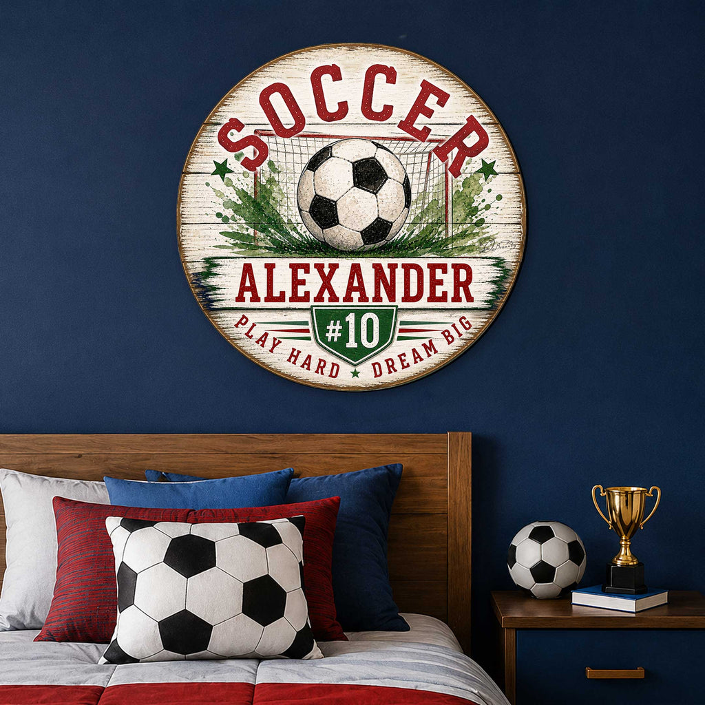 Personalized Soccer Door Hanger – Custom Soccer Name Sign – 19x19 Round Sports Door Decor by G. Debrekht - 8652890H