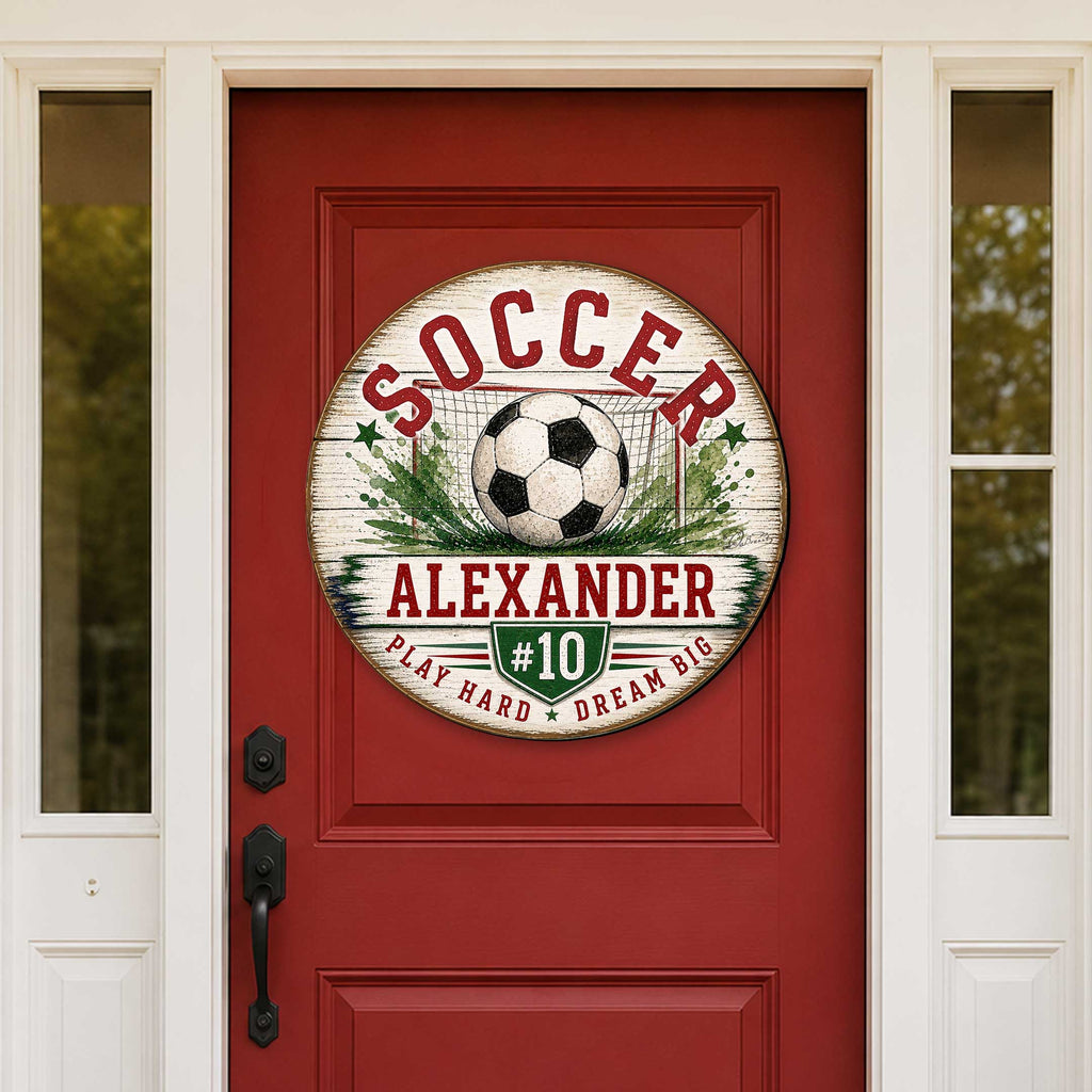 Personalized Soccer Door Hanger – Custom Soccer Name Sign – 19x19 Round Sports Door Decor by G. Debrekht - 8652890H