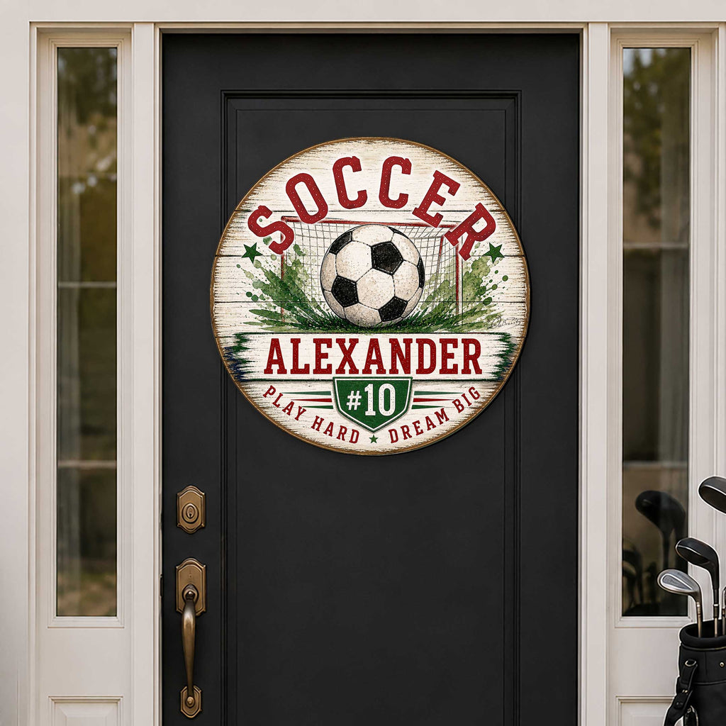 Personalized Soccer Door Hanger – Custom Soccer Name Sign – 19x19 Round Sports Door Decor by G. Debrekht - 8652890H