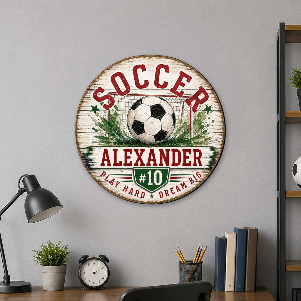 Personalized Soccer Door Hanger – Custom Soccer Name Sign – 19x19 Round Sports Door Decor by G. Debrekht - 8652890H