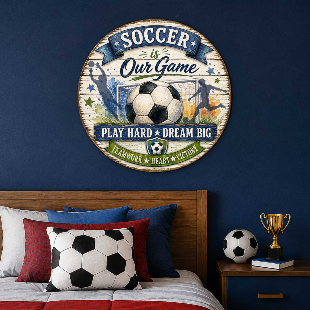 Soccer Is Our Game Wall Decor – Rustic Soccer Sports Sign – 19x19 Round Wall Art by G. Debrekht - 8652891H