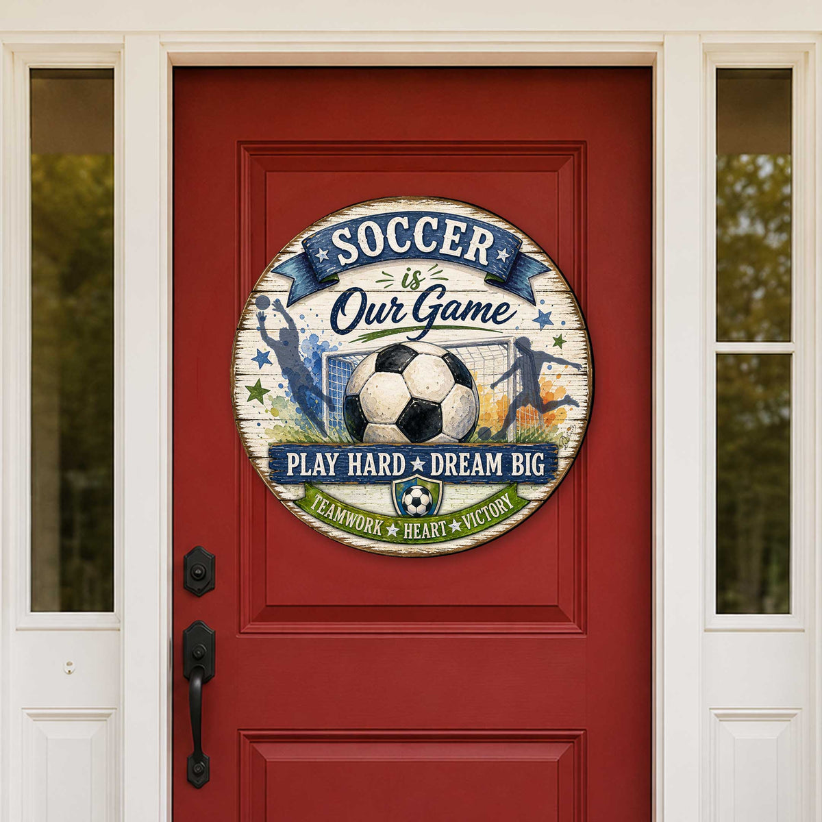 Soccer Is Our Game Wall Decor – Rustic Soccer Sports Sign – 19x19 Round Wall Art by G. Debrekht - 8652891H