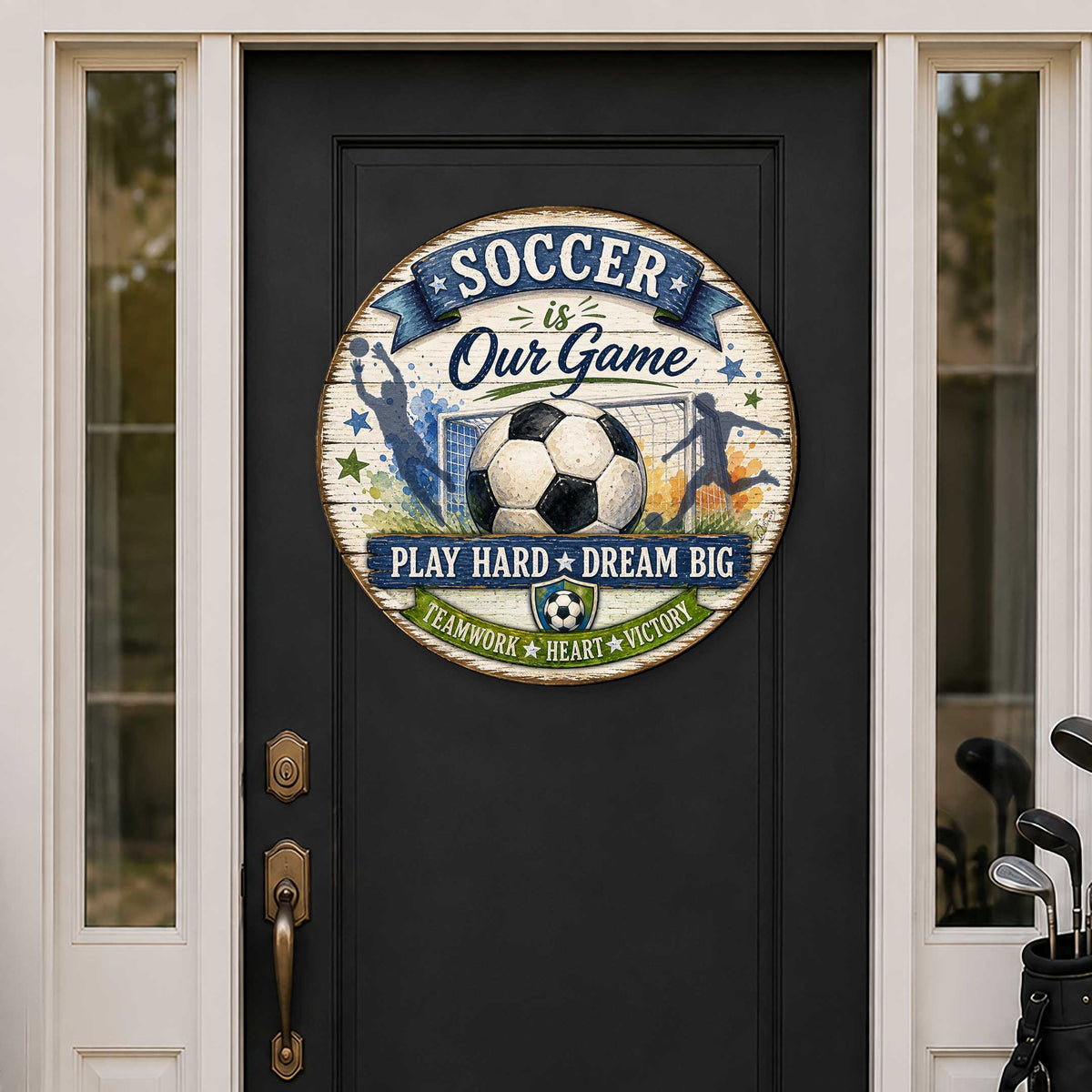 Soccer Is Our Game Wall Decor – Rustic Soccer Sports Sign – 19x19 Round Wall Art by G. Debrekht - 8652891H