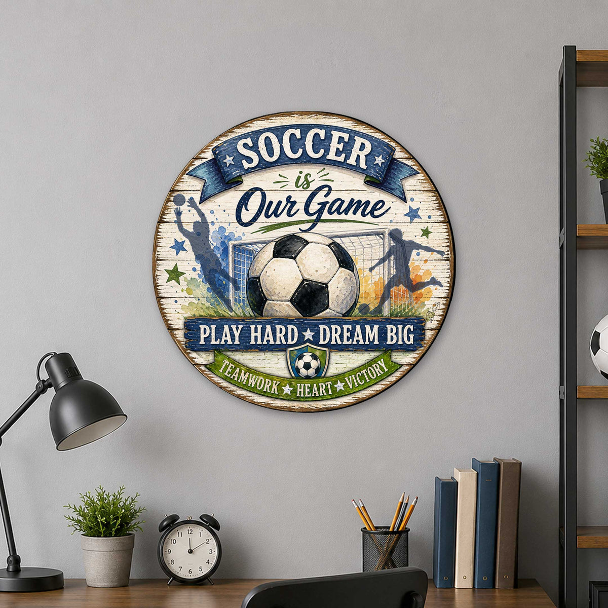 Soccer Is Our Game Wall Decor – Rustic Soccer Sports Sign – 19x19 Round Wall Art by G. Debrekht - 8652891H