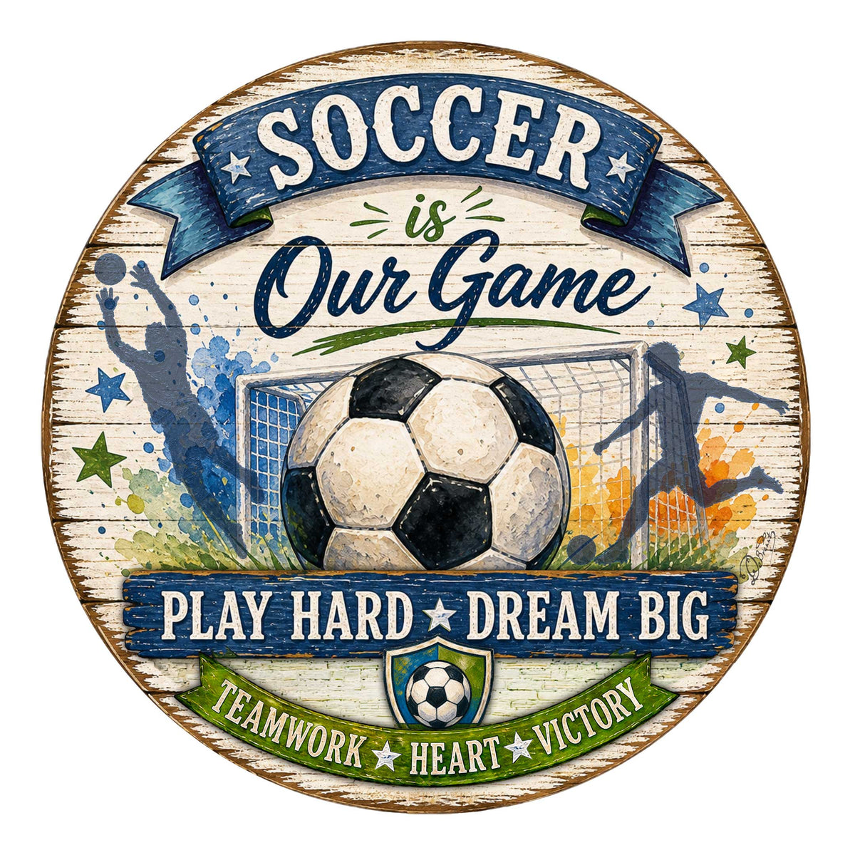 Soccer Is Our Game Wall Decor – Rustic Soccer Sports Sign – 19x19 Round Wall Art by G. Debrekht - 8652891H