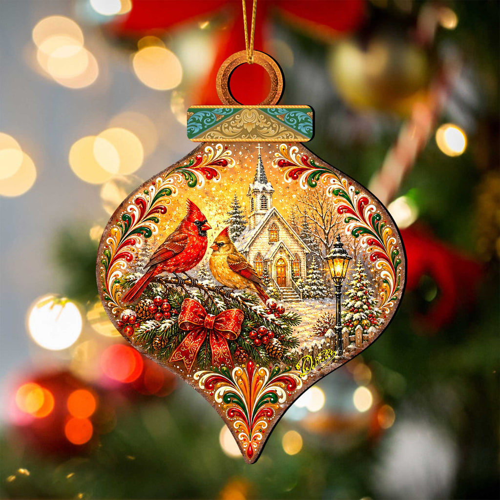 Christmas Cardinals Church Wooden Ornament – Winter Cardinal Holiday Décor by G. Debrekht – 8652902