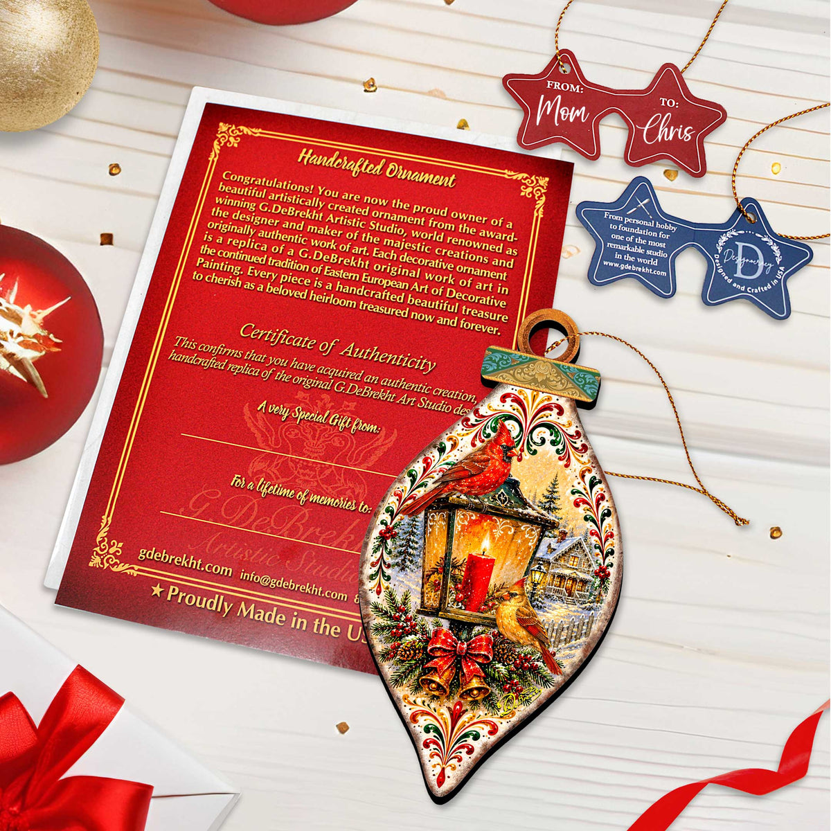 Christmas Cardinals Lantern Wooden Ornament – Winter Cardinal Holiday Décor by G. Debrekht – 8652903