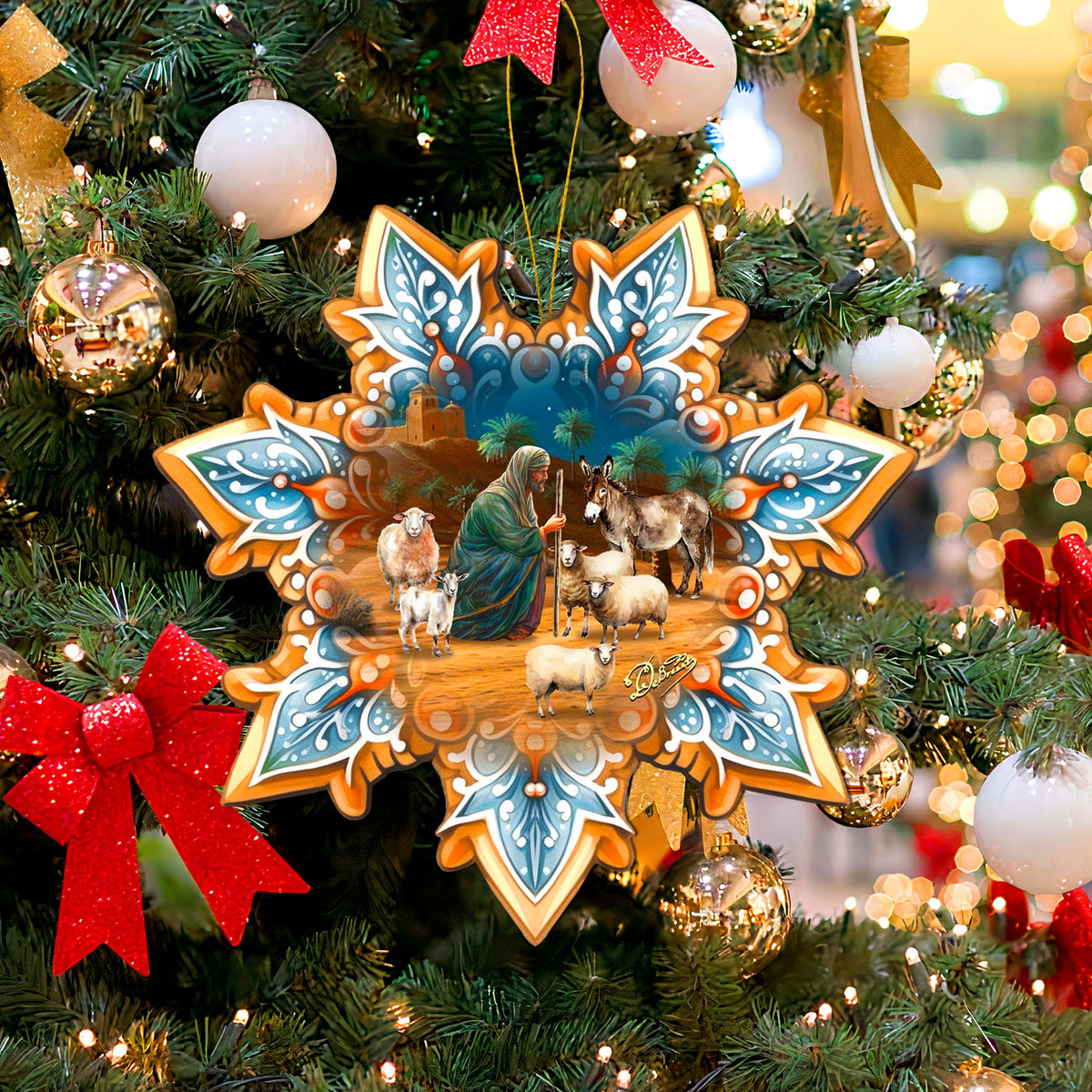 Joseph with Animals Snowflake Large Wooden Ornament by G. Debrekht - Nativity Holiday Décor - 8688437M