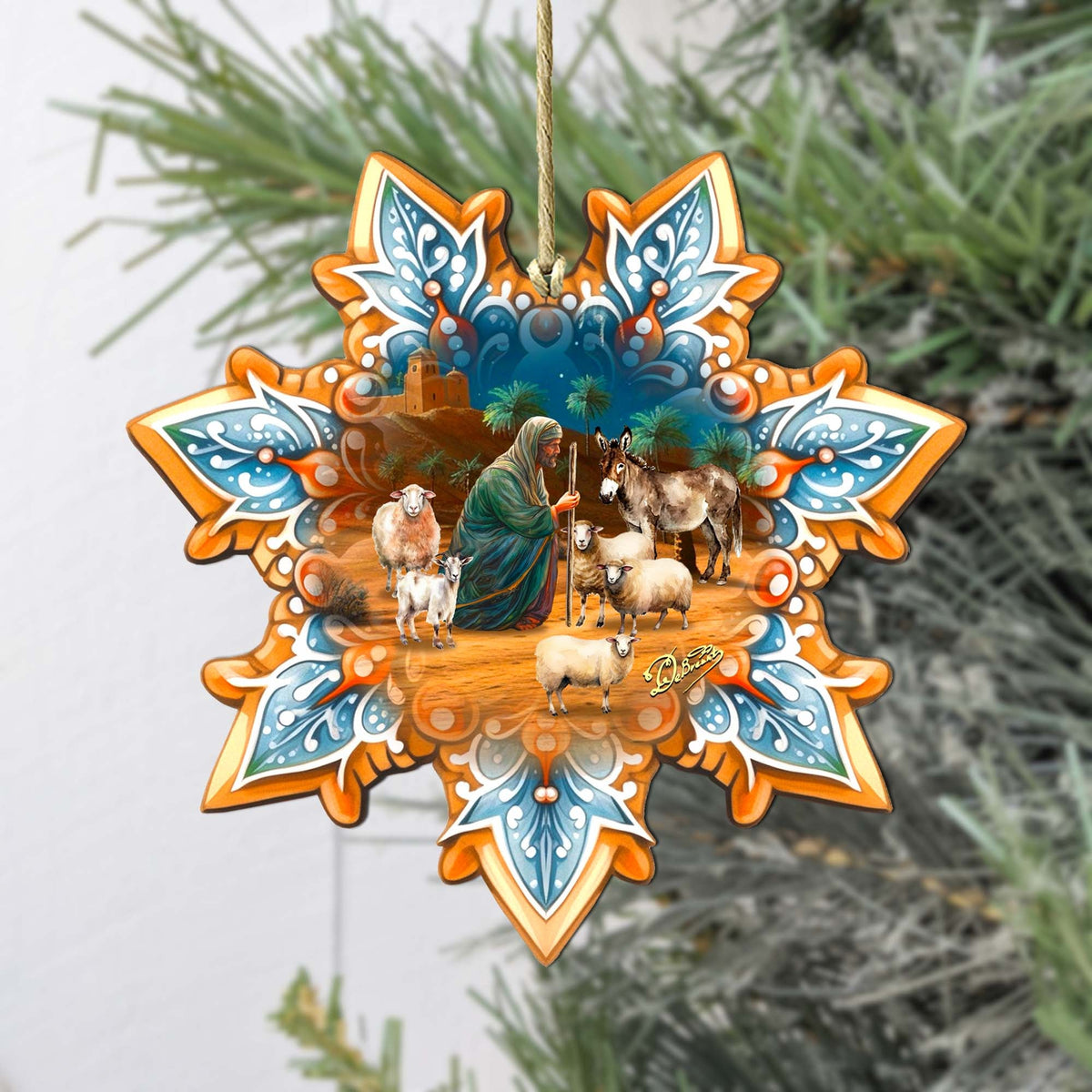 Joseph with Animals Snowflake Large Wooden Ornament by G. Debrekht - Nativity Holiday Décor - 8688437M