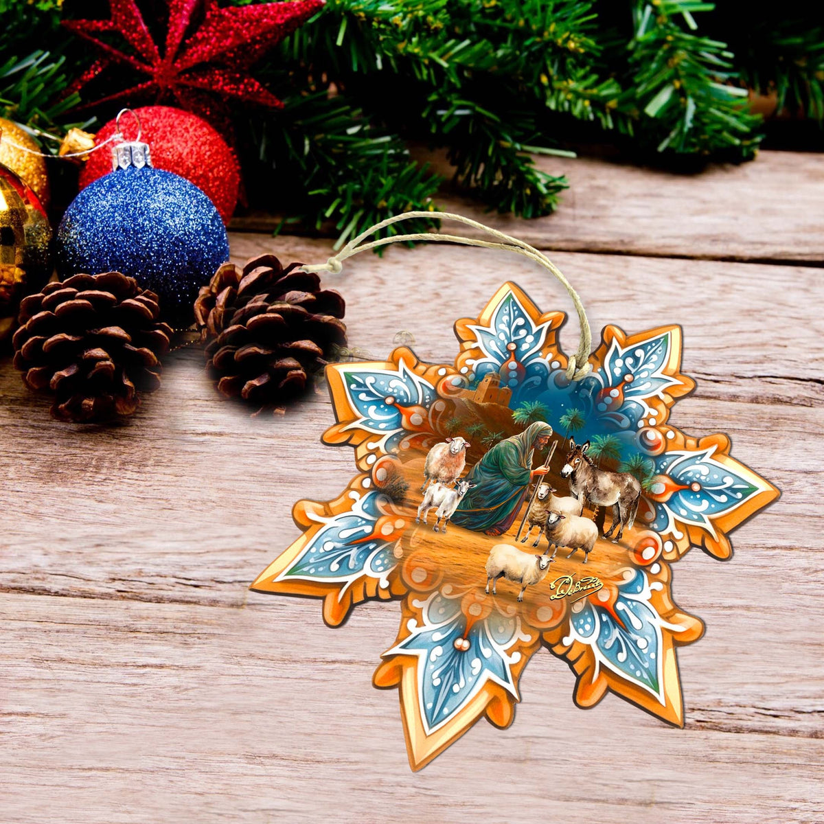 Joseph with Animals Snowflake Large Wooden Ornament by G. Debrekht - Nativity Holiday Décor - 8688437M
