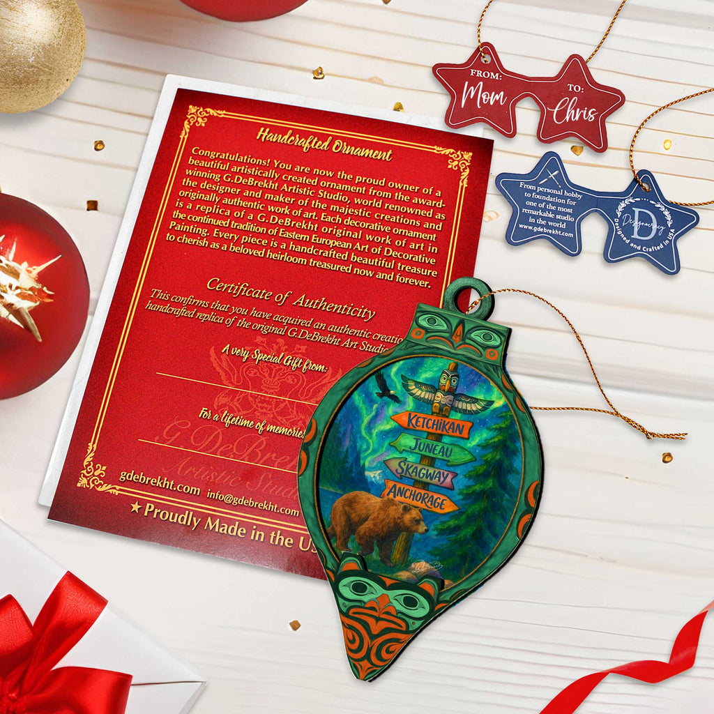 Alaska Bear Totem Wooden Christmas Ornament – Ketchikan Juneau Skagway Anchorage Souvenir by G. DeBrekht – 8701070