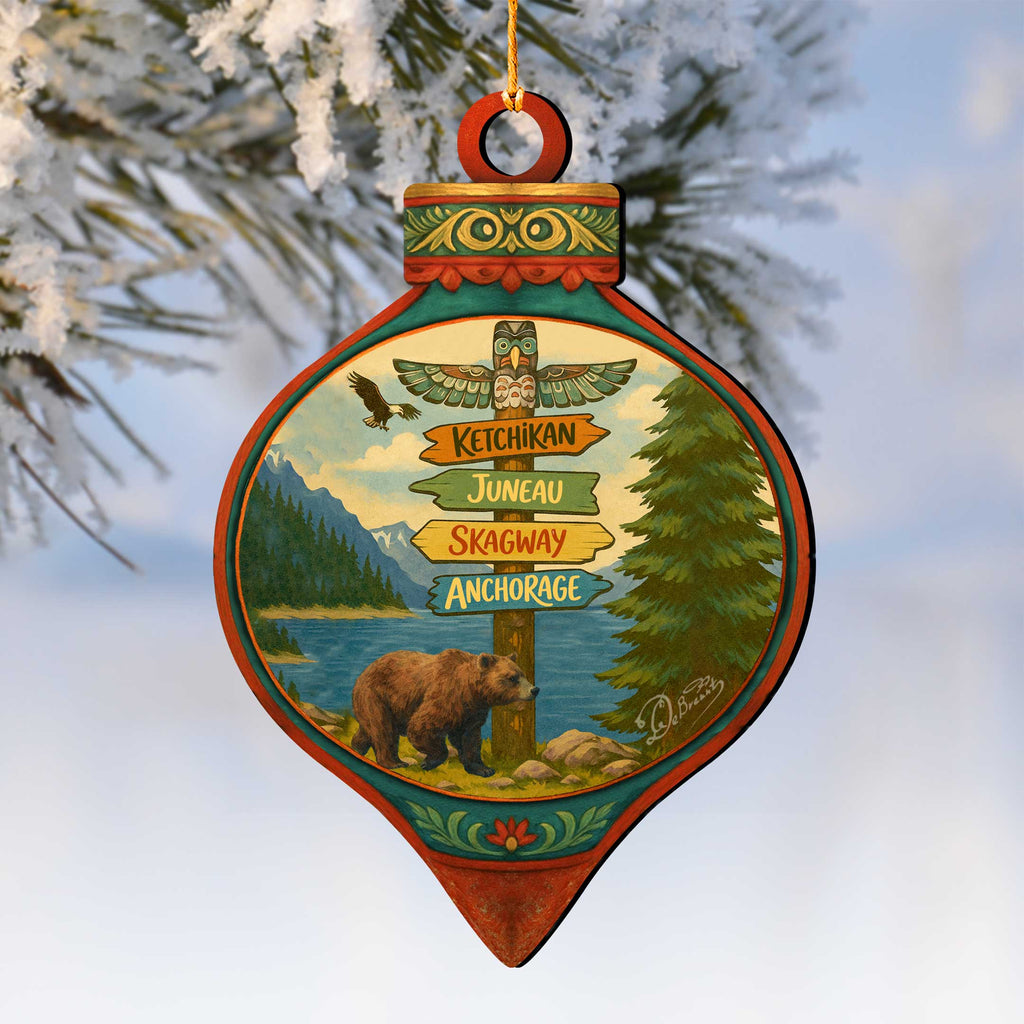 Alaska Bear & Totem Wooden Christmas Ornament – Ketchikan Juneau Skagway Anchorage Souvenir by G. DeBrekht – 8701071