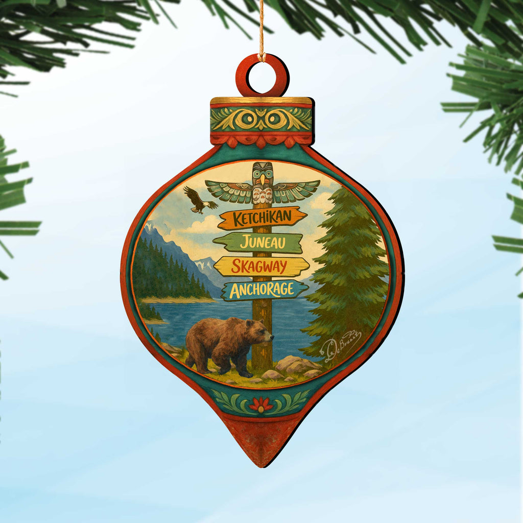 Alaska Bear & Totem Wooden Christmas Ornament – Ketchikan Juneau Skagway Anchorage Souvenir by G. DeBrekht – 8701071