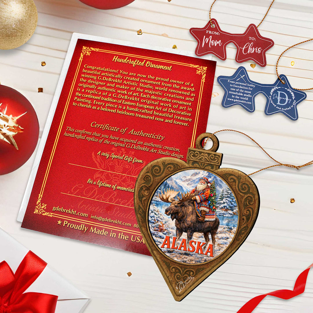 Alaska Santa Riding Moose Wooden Christmas Ornament – Alaskan Holiday Souvenir by G. DeBrekht – 8701073