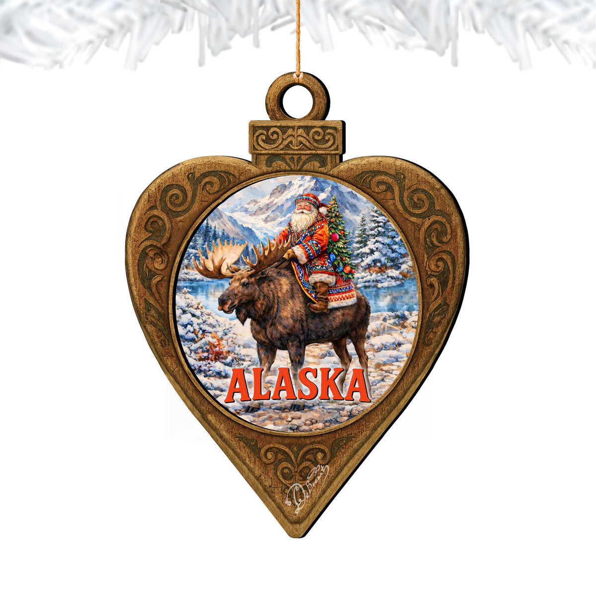 Alaska Santa Riding Moose Wooden Christmas Ornament – Alaskan Holiday Souvenir by G. DeBrekht – 8701073