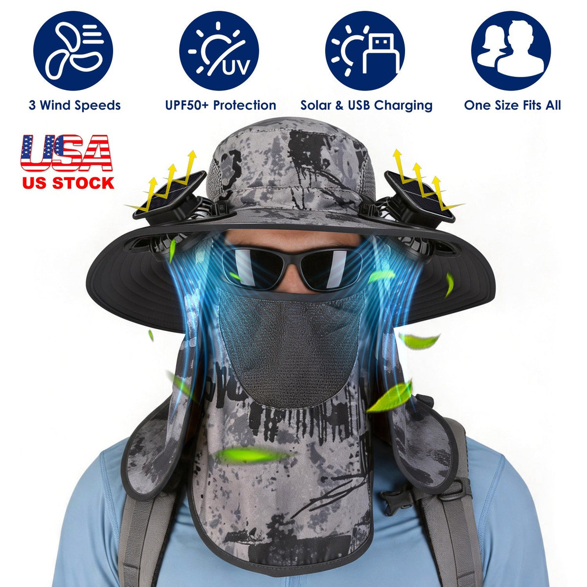 Solar Fan Hat with UPF50+ Sun Protection & Neck Flap