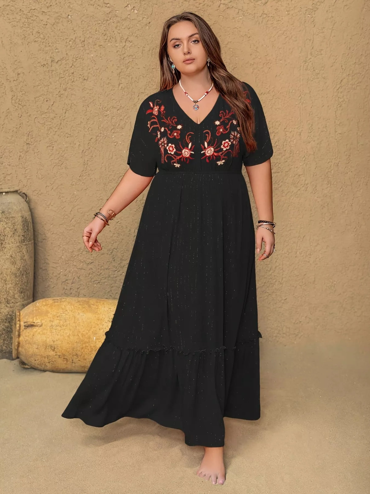 Embroidered V-Neck Maxi Dress