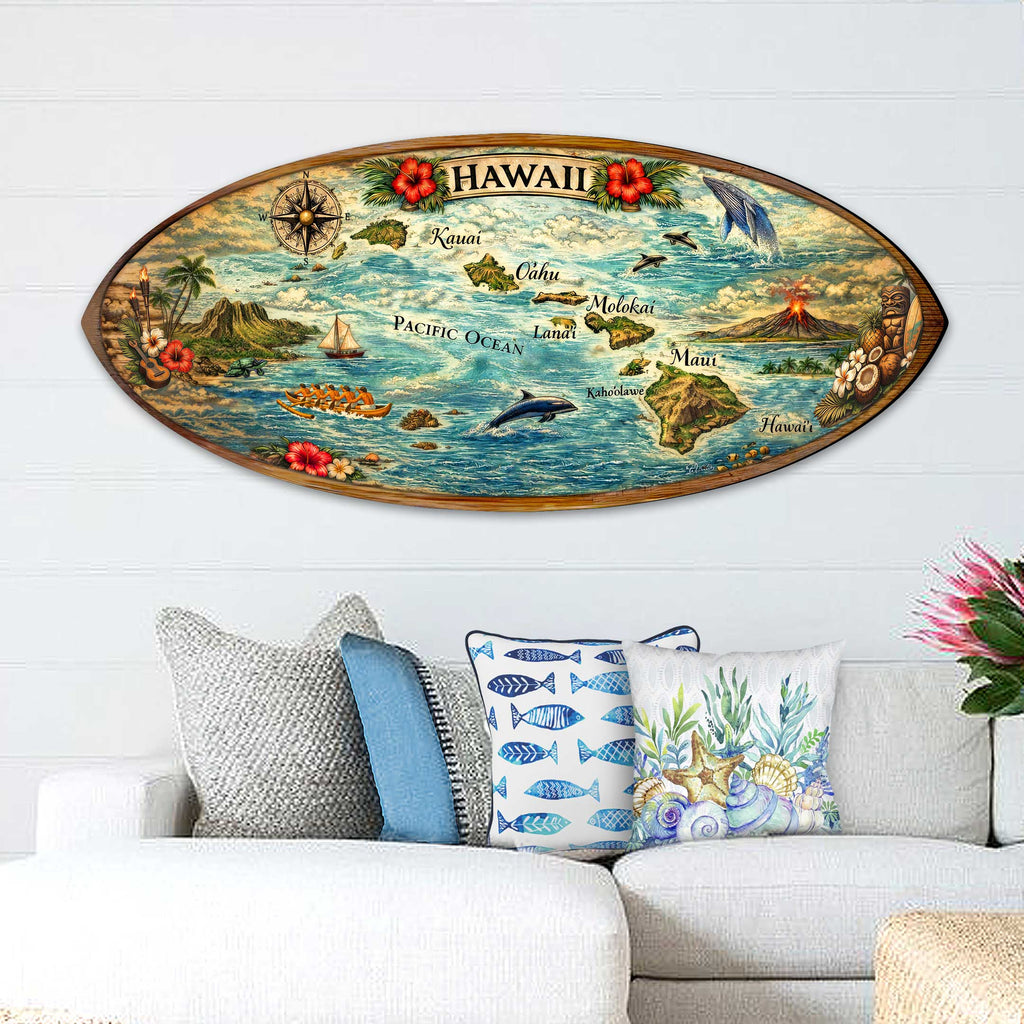 Hawaiian Islands Surfboard Wall Art – Handcrafted Coastal Wooden Decor by G.DeBrekht – Beach House Ocean Decor – 8490160HS