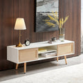 55.12" Rattan TV cabinet double sliding doors for storage adjustable shelf solid wood legs TV console for living room  White