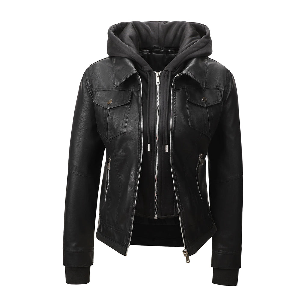 Detachable-hooded Biker Jacket Waist-cinching Faux-leather Coat That Flatters
