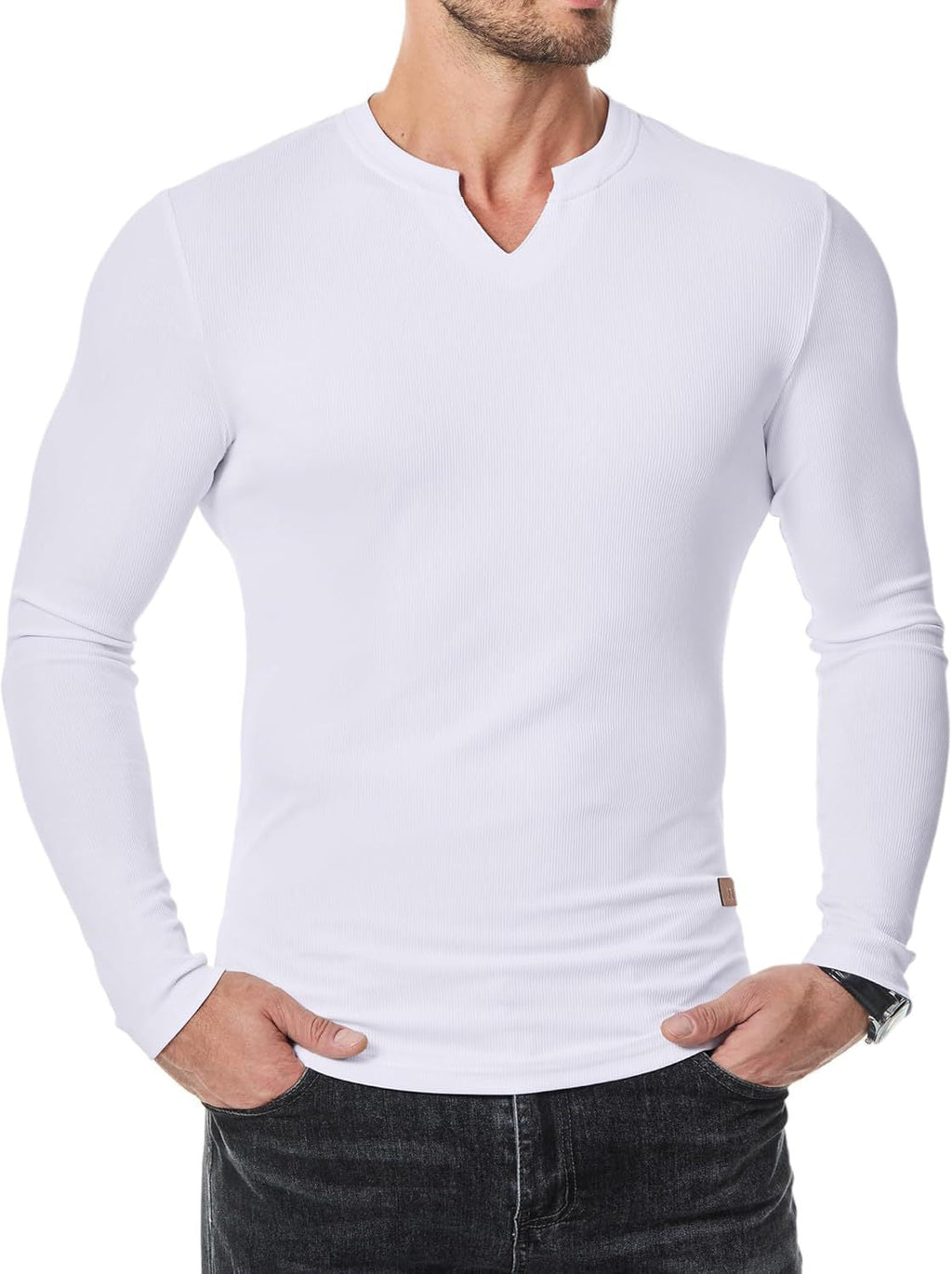 Cross-border Amazon New Foreign Trade Autumn And Winter Men's V-neck Pit T-shirt Solid Color Casual Fashion Men's Long Sleeve