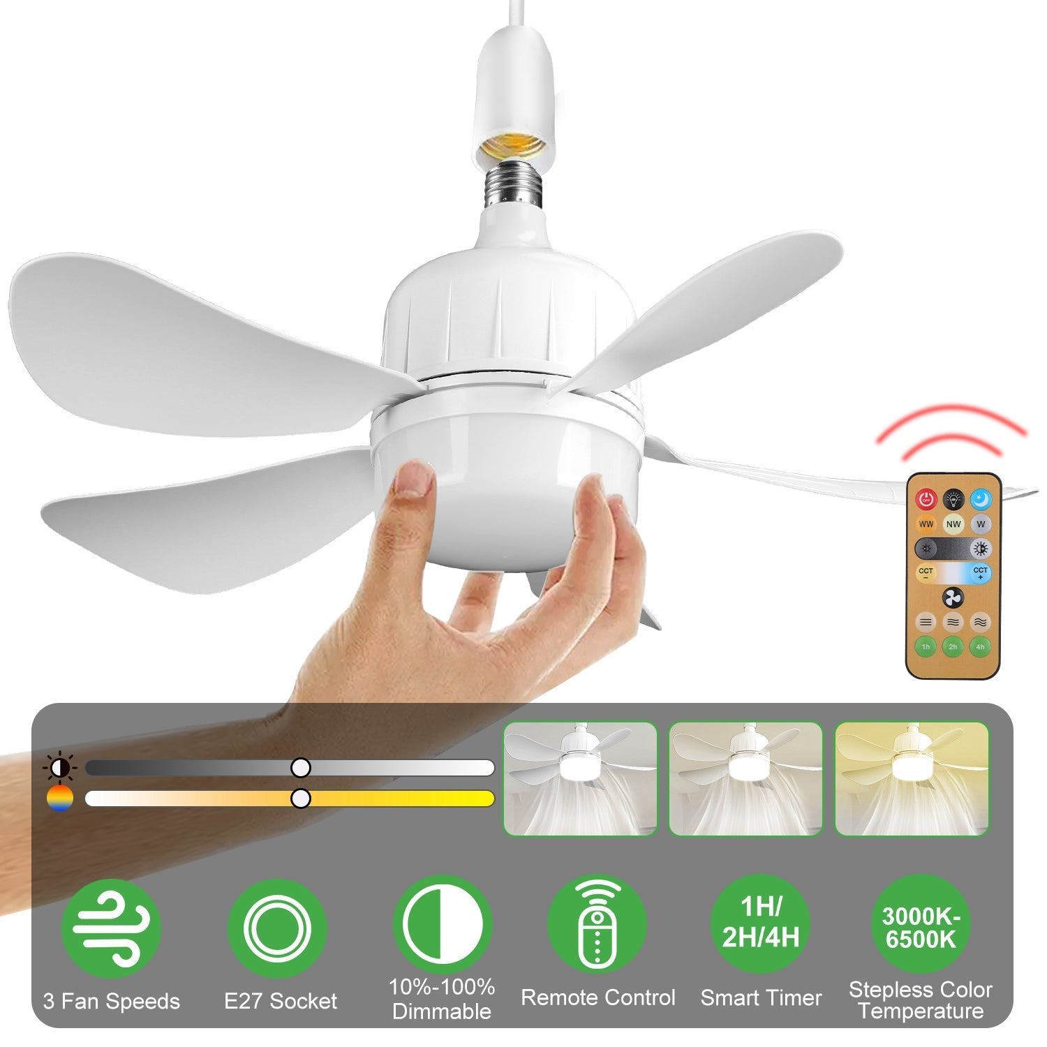 Socket Fan Light 12W Ceiling Fan with Lights Dimmable LED Ceiling Fan with 3 Fan Speed Stepless Brightness and Color Temperature Smart Timer Remote Co