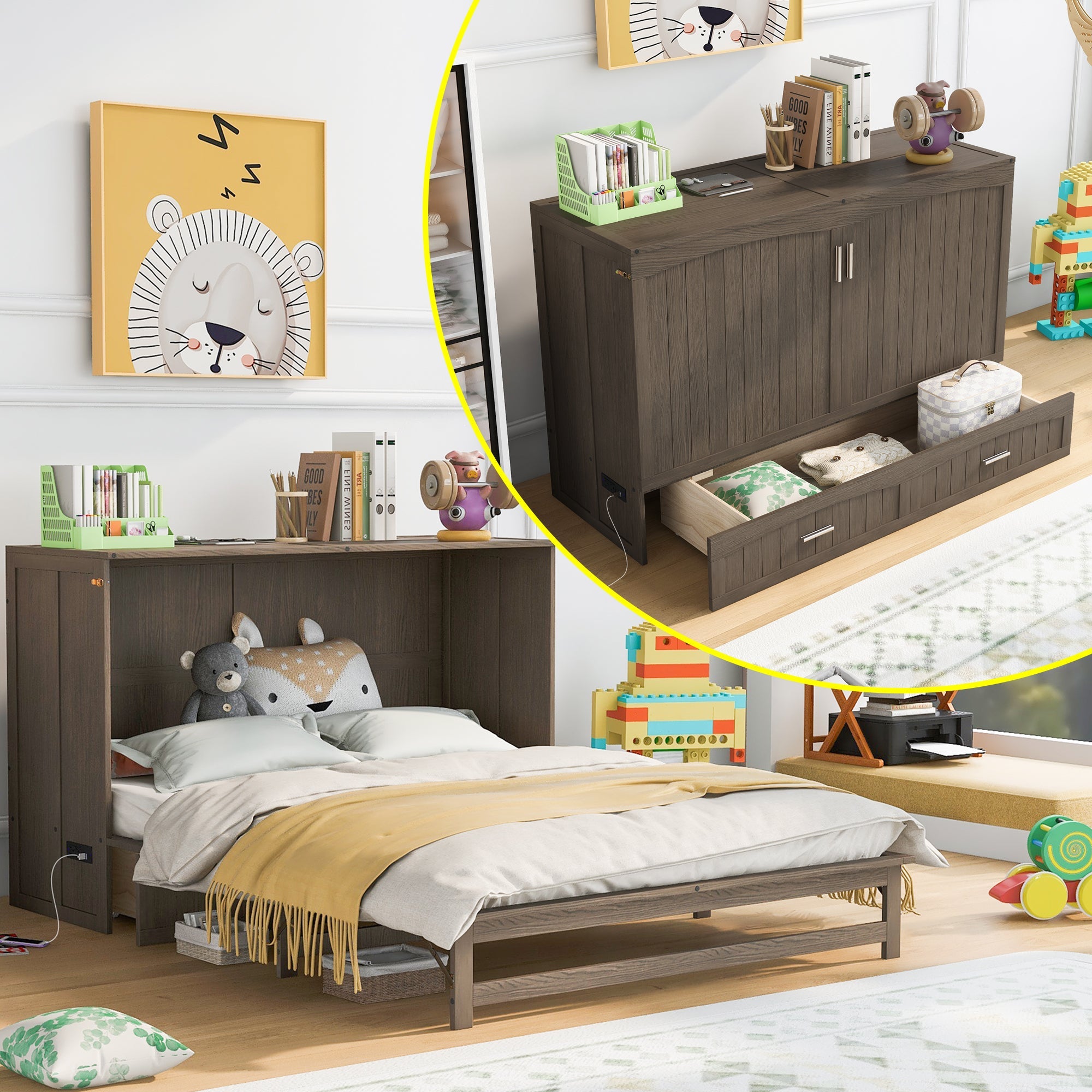 Queen Size Murphy Bed with Built-In Charging Station  Antique Grey