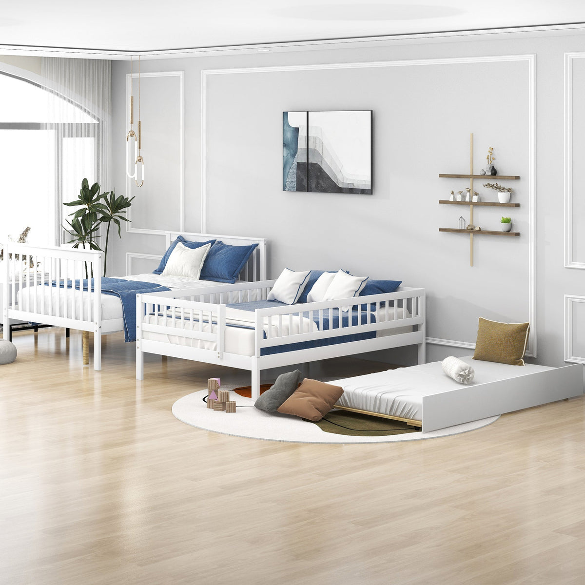 Full over Full Bunk Bed with Trundle and Staircase White