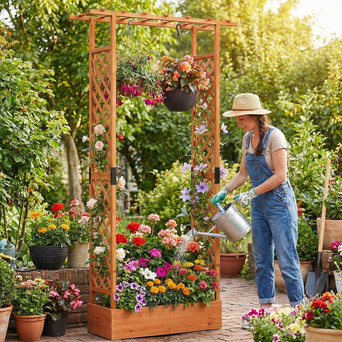 89 Inch Tall Wooden Raised Garden Bed with Side Trellis and Hanging Roof Drainage Holes