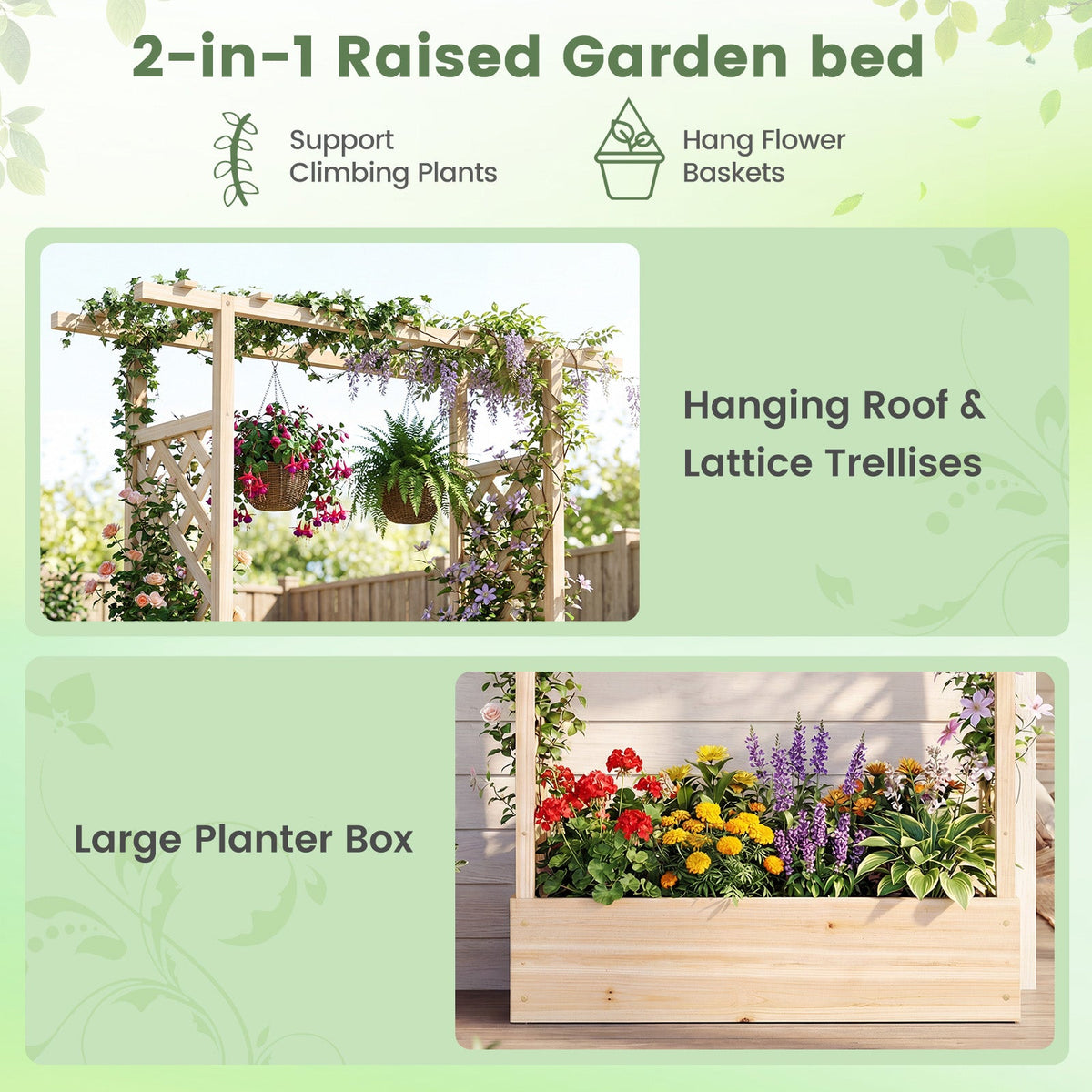 89 Inch Tall Wooden Raised Garden Bed with Side Trellis and Hanging Roof Drainage Holes
