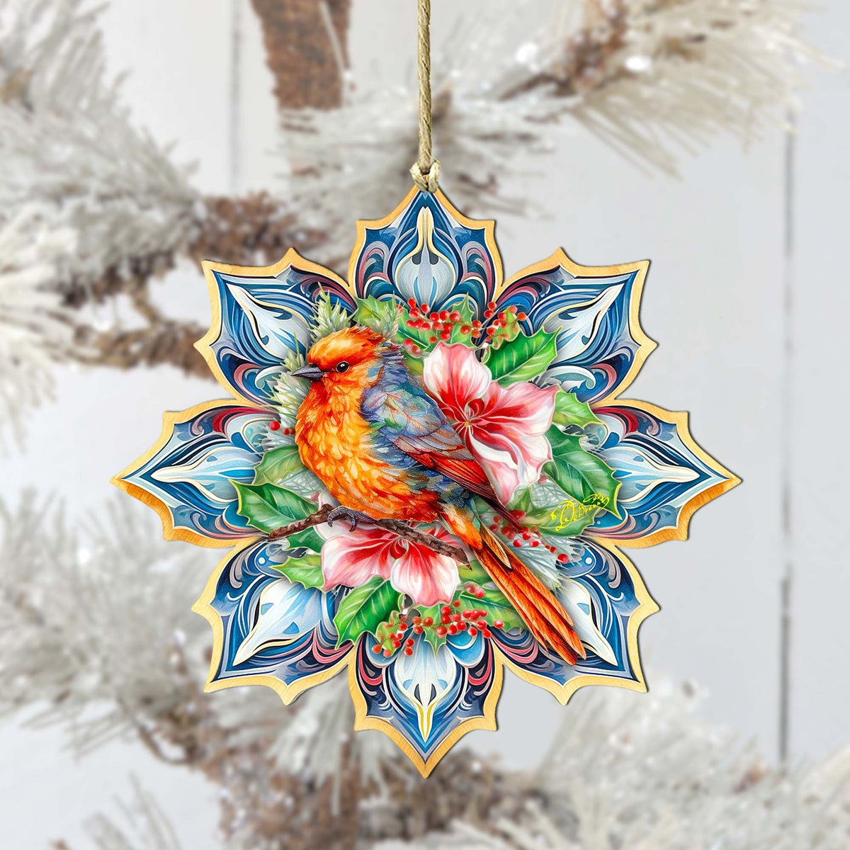 Forest Bird Snowflake Large Wooden Ornament by G. Debrekht - Nature Wildlife Decor - 8688412M