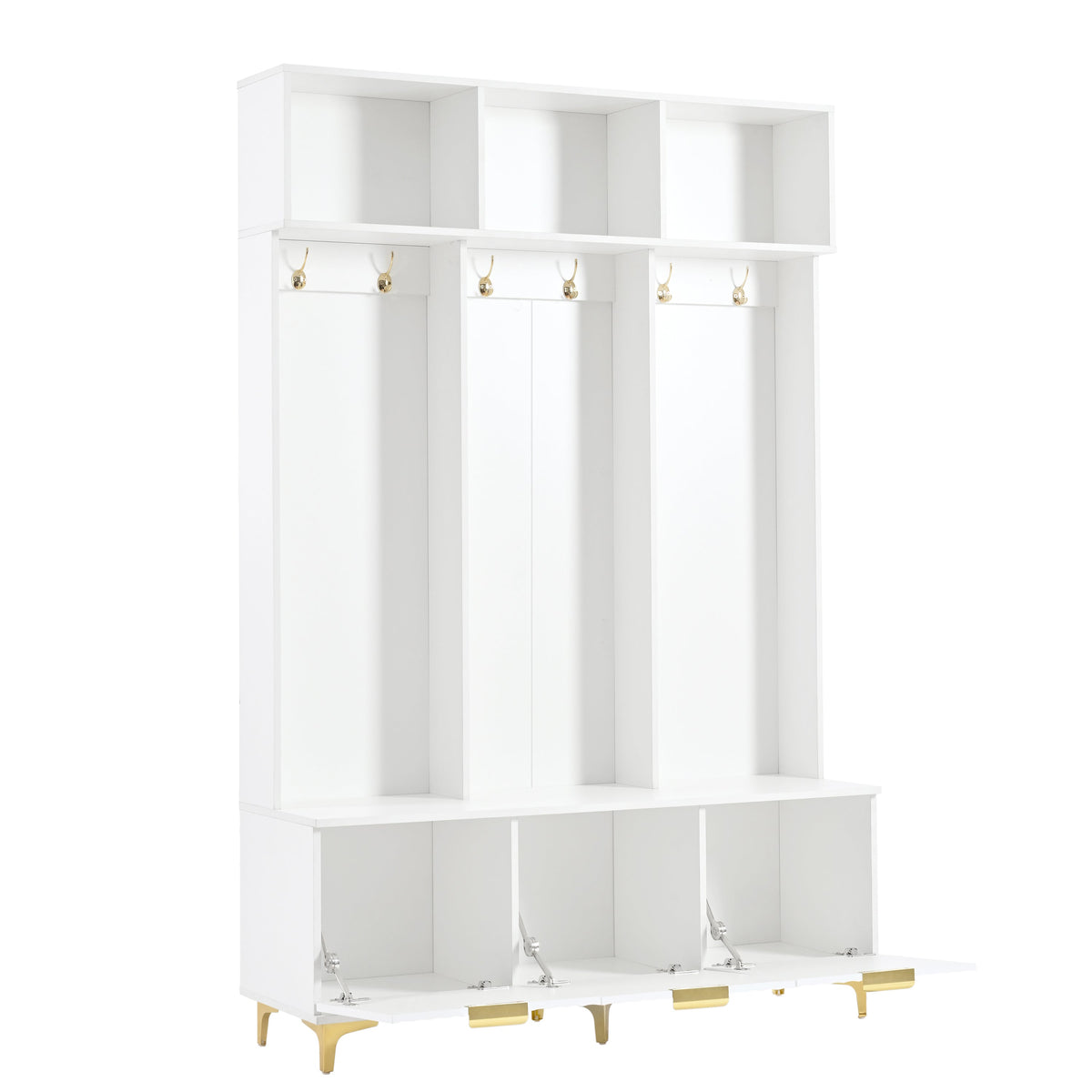 Large storage hall tree with bench, multifunctional storage platform, luxury clothes hanger equipped with 6 gold hooks