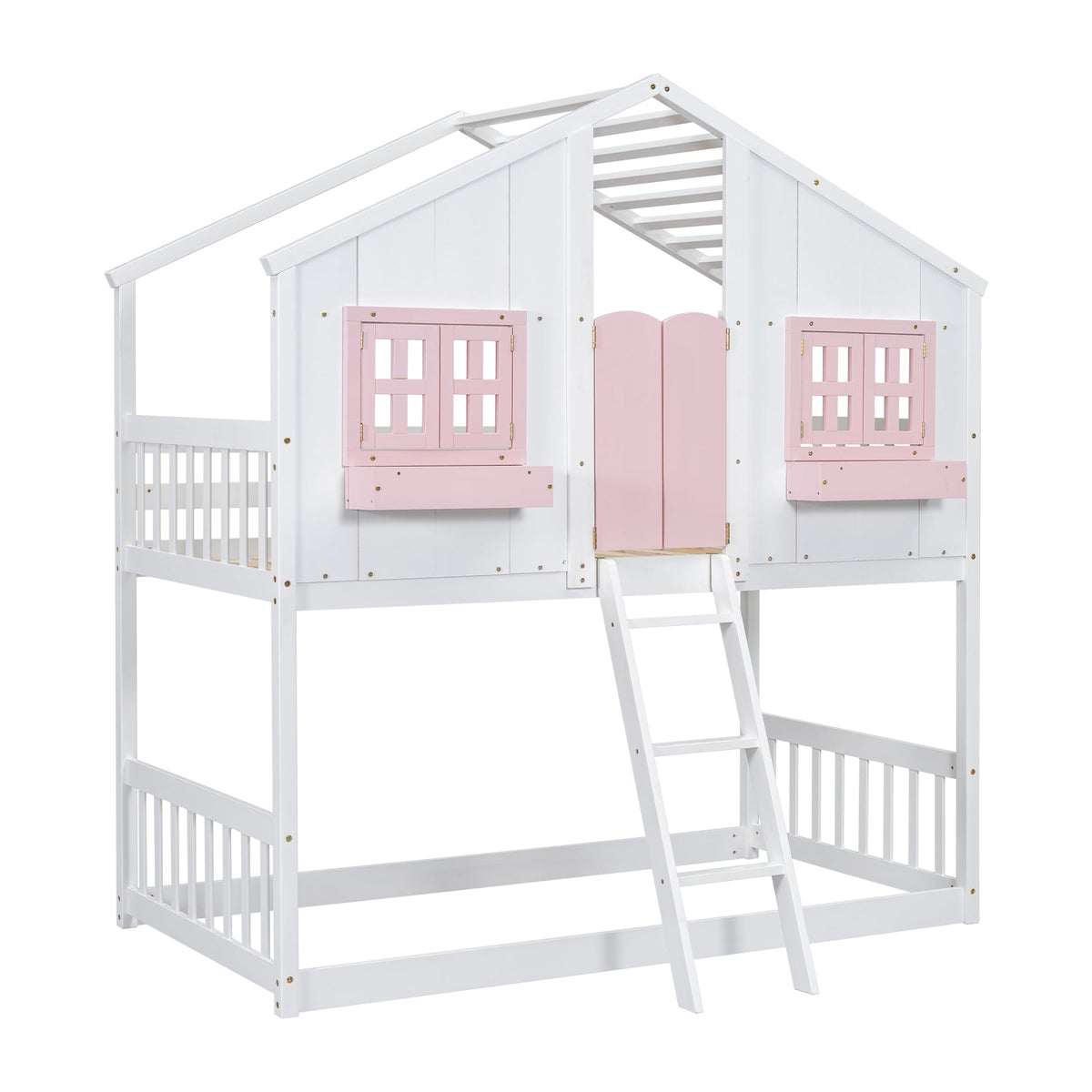 Twin over Twin House Bunk Bed with Roof , Window, Window Box, Door , with Safety Guardrails and Ladder, Pink/White