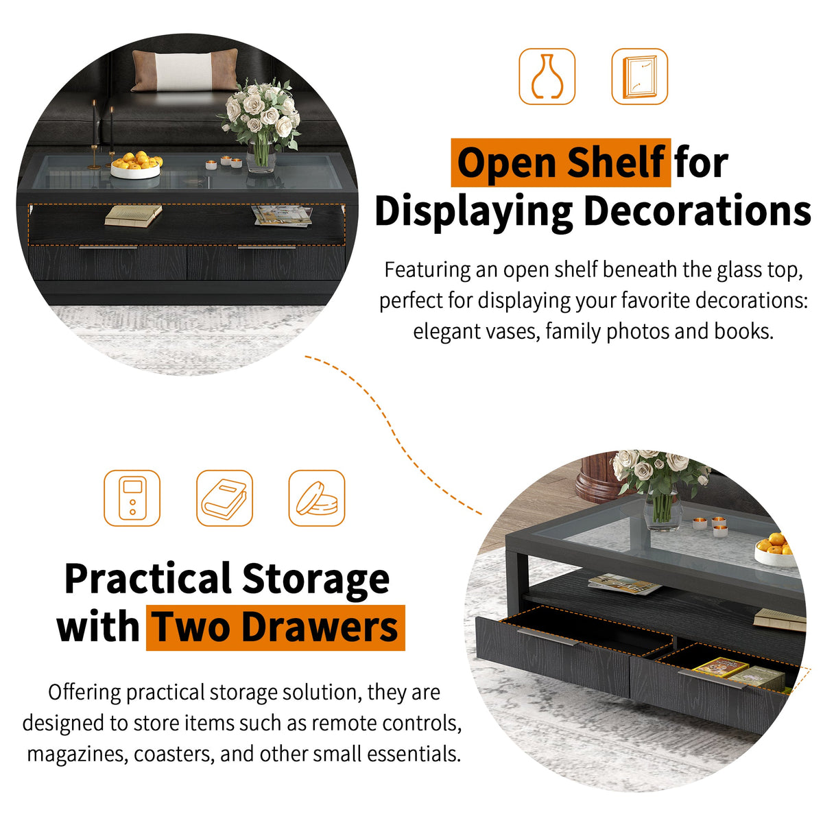 U-Can modern wooden coffee table with 2 drawers and minimalist display coffee table with transparent tempered glass