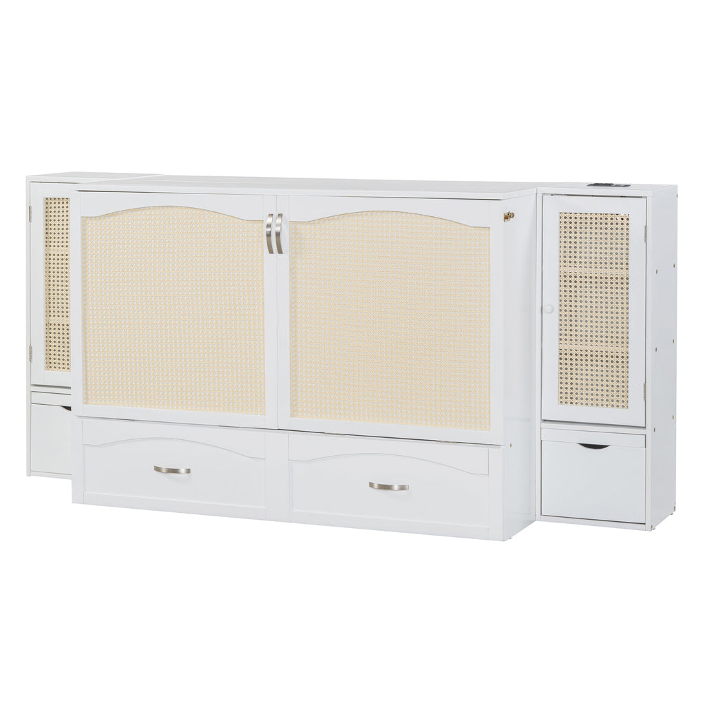 Large Murphy bed wall mounted bed with drawers, 2 storage cabinets, 1 set of sockets and USB ports, white