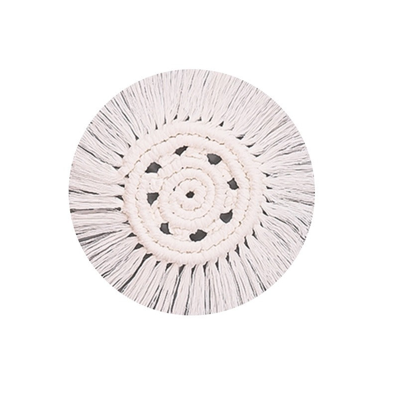 Nordic style hand woven cotton rope coaster insulation pad, white tassel desktop minimalist decorative pad