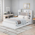 Multi-functional Full Size Bed Frame with 4 Under-bed Portable Storage Drawers and Multi-tier Bedside Storage Shelves White