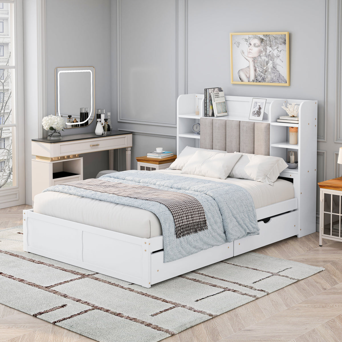 Multi-functional Full Size Bed Frame with 4 Under-bed Portable Storage Drawers and Multi-tier Bedside Storage Shelves White