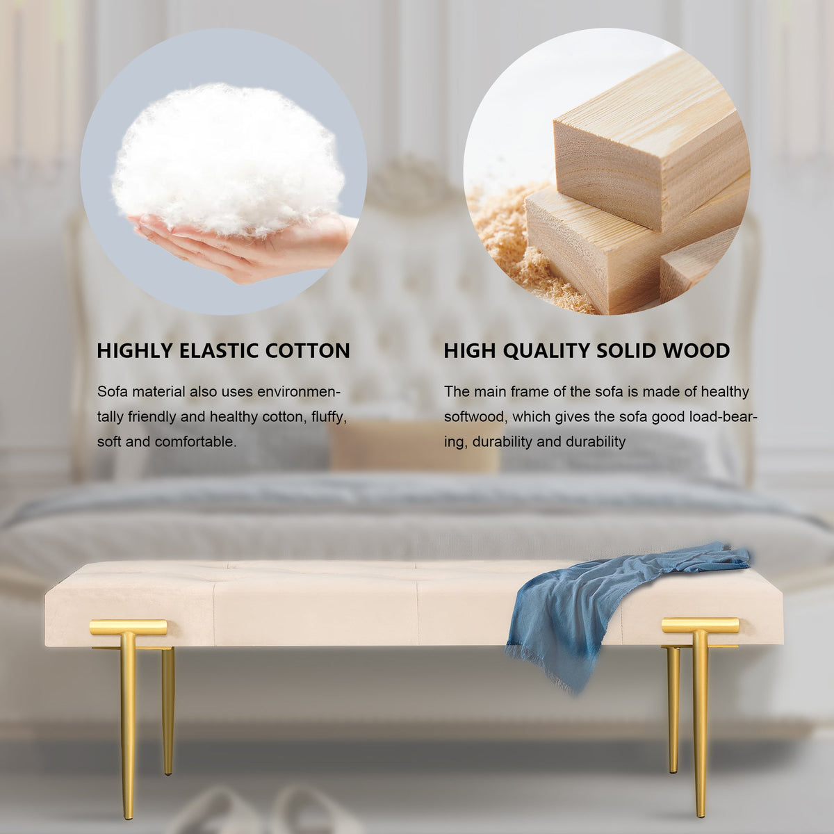 48'' Modern Ottoman Bench Velvet Bench Upholstered Footrest With Gold Metal Legs And Padded Seat For Bedroom Living Room
