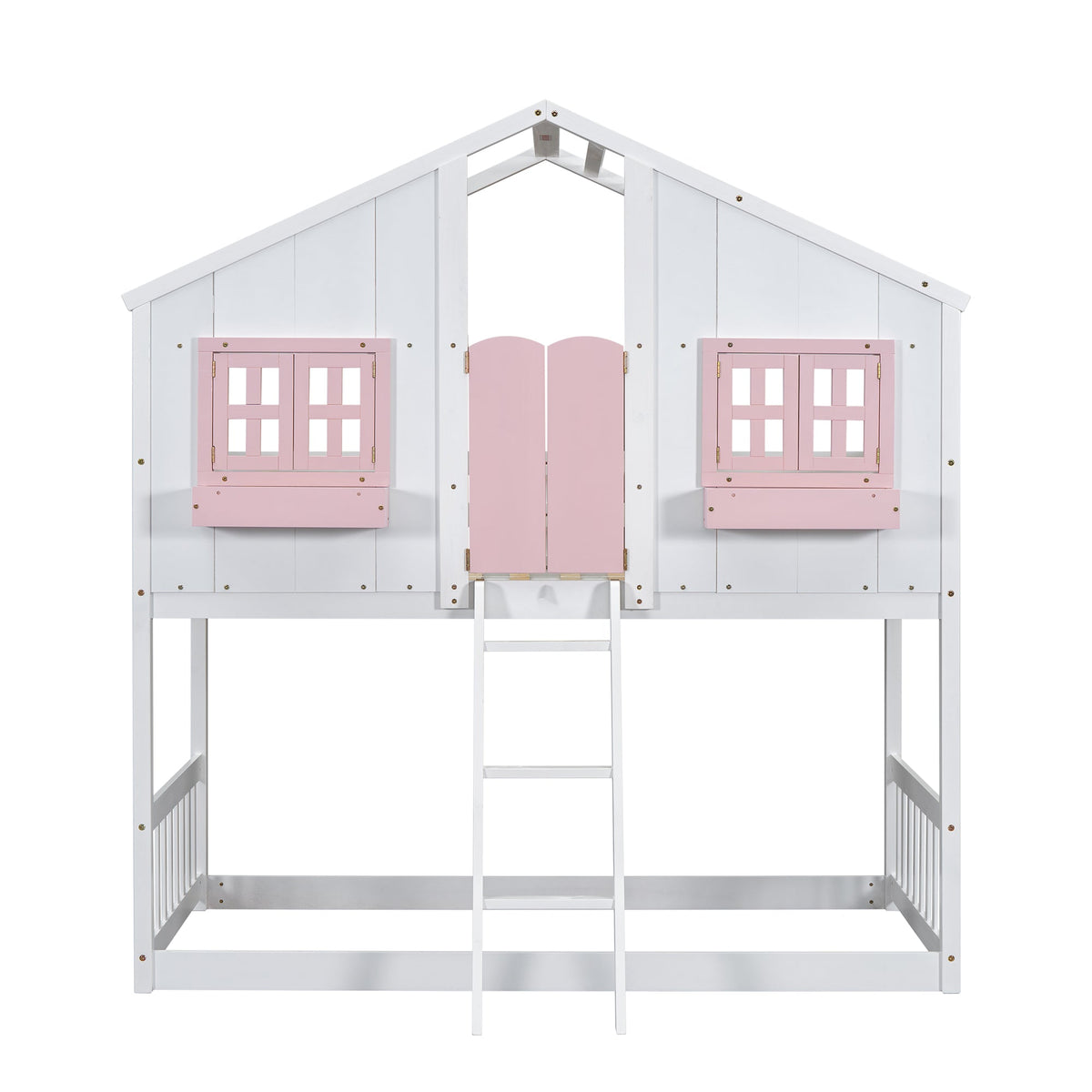 Twin over Twin House Bunk Bed with Roof , Window, Window Box, Door , with Safety Guardrails and Ladder, Pink/White