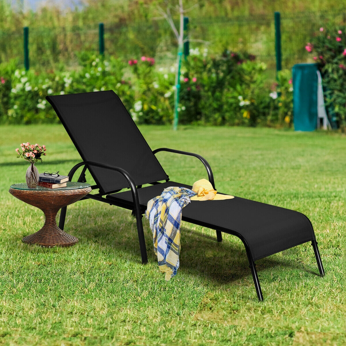 2 Pcs Outdoor Patio Lounge Chair Chaise Fabric with Adjustable Reclining Armrest-Brown