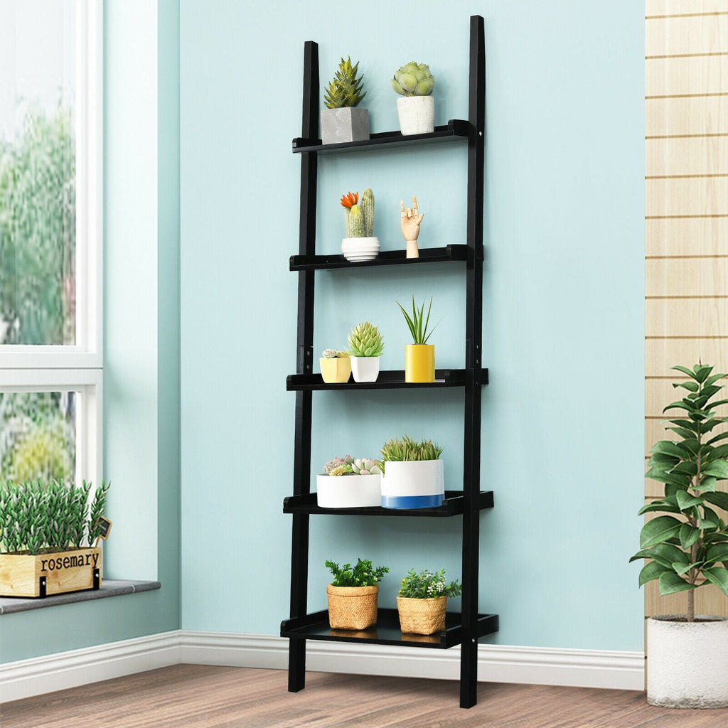 5-Tier Wall-leaning Ladder Shelf Display Rack for Plants and Books