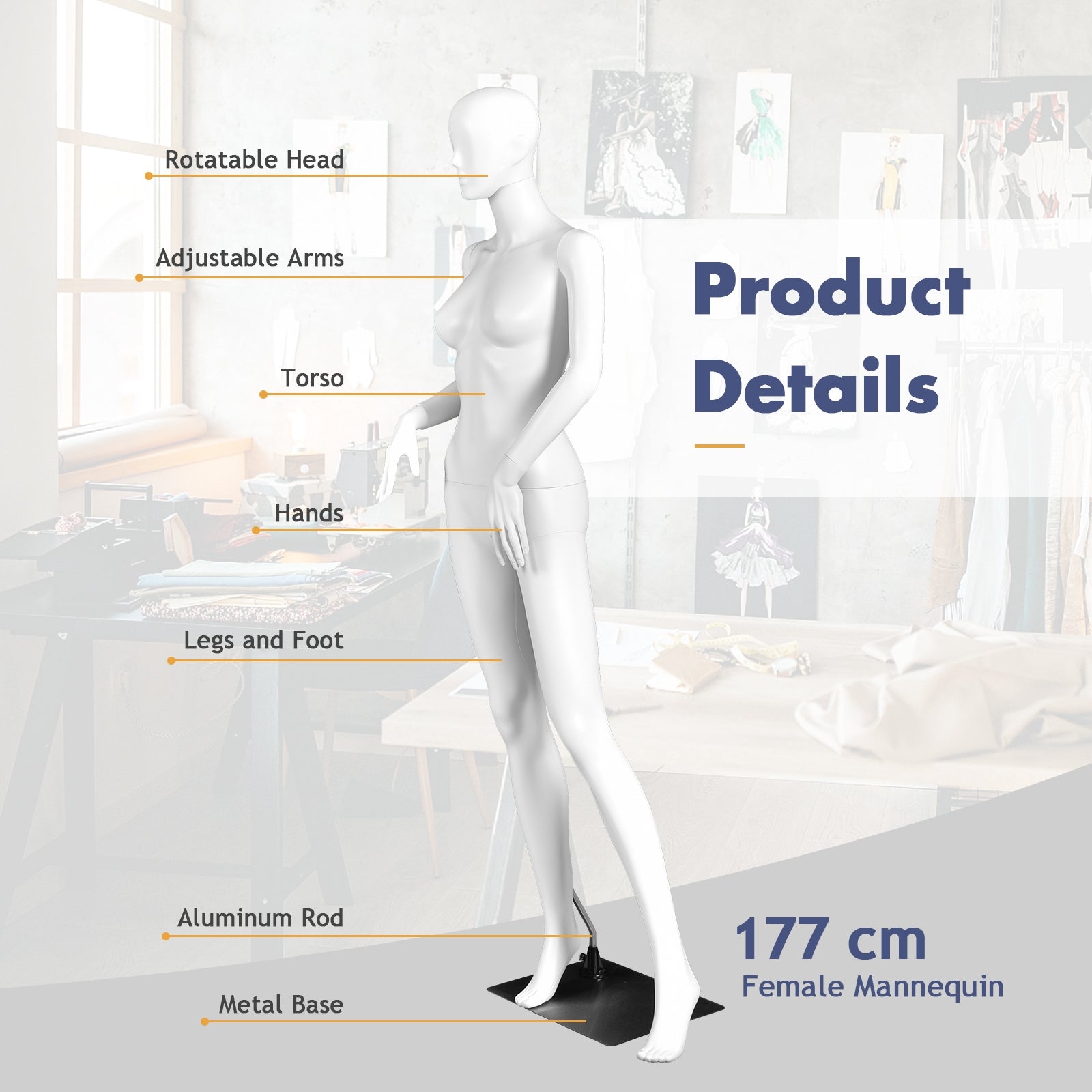 5.8 ft Plastic Female Mannequin Adjustable Detachable Manikin with Metal Stand